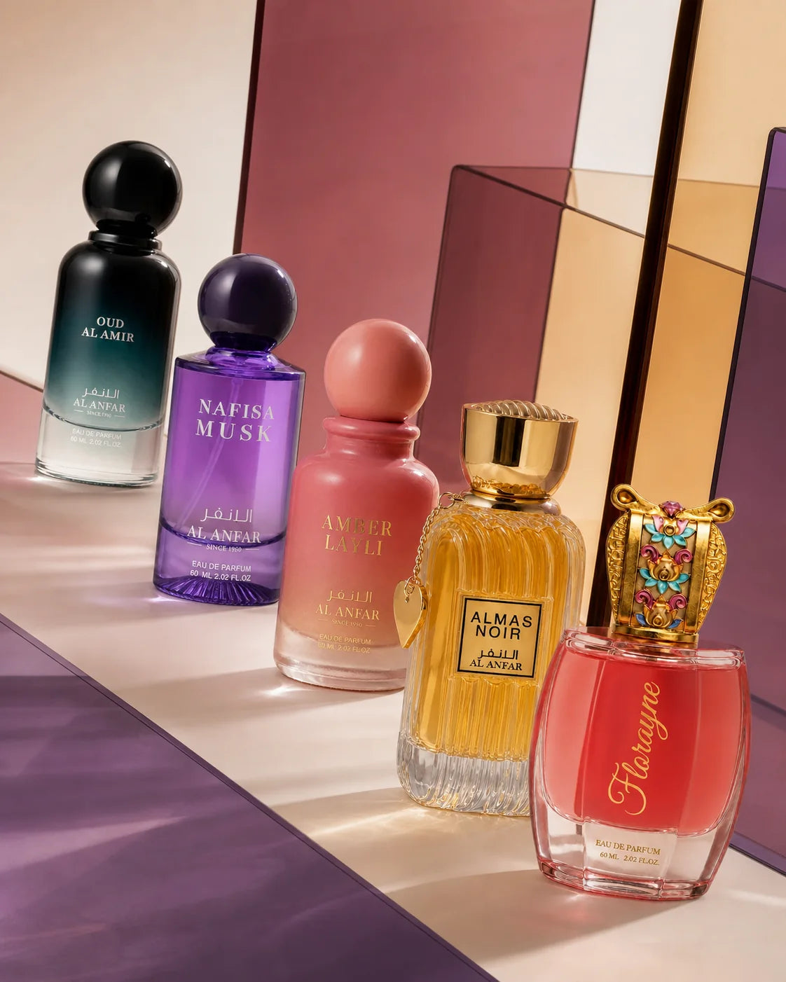 Five Al Anfar fragrances arranged within coloured architectural glass